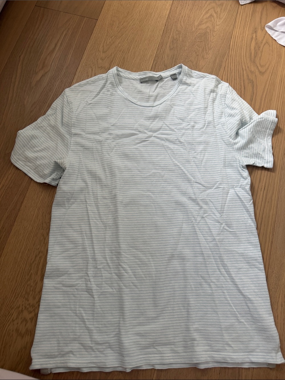 Vince Light Blue and White Fine-Striped Crewneck Tee